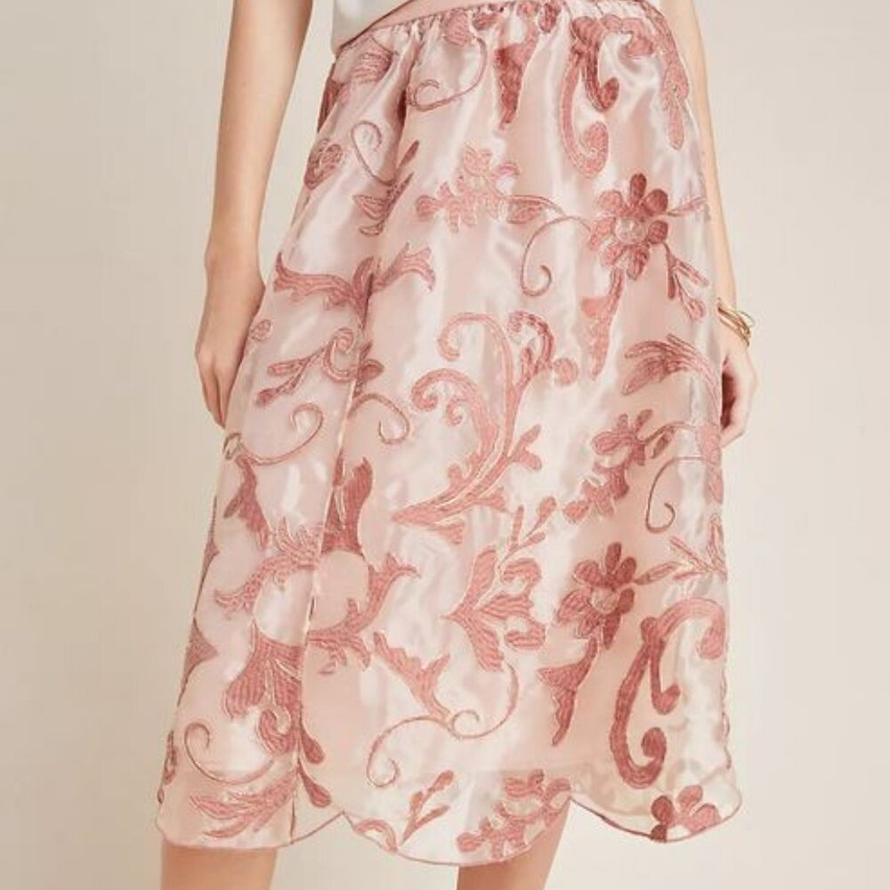 NWT Anthropology Maeve Embroidered Midi Skirt, Floral Blush
